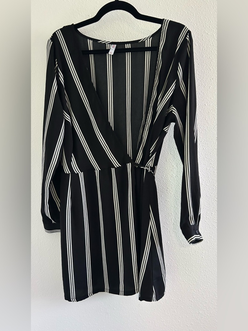 Xhilaration Black and White Long Sleeve Striped Wrap Dress